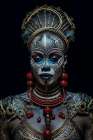 Tattooed tribal woman in hat and beads. AI Generated. Art Print